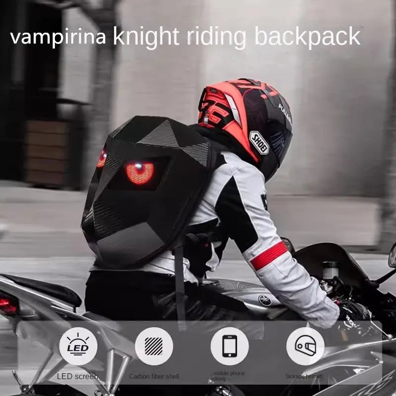 LED Motorcycle Rider Backpack Eyes Glow Pattern Carbon Fiber Texture Helmet Locomotive Backpack School Bag Moto Laptop Backpack