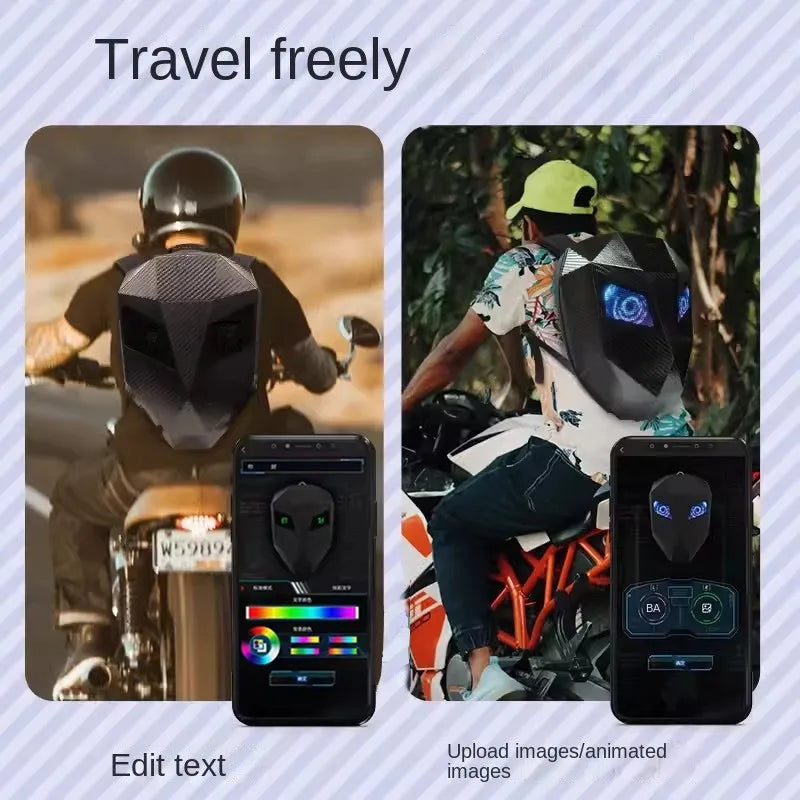 LED Motorcycle Rider Backpack Eyes Glow Pattern Carbon Fiber Texture Helmet Locomotive Backpack School Bag Moto Laptop Backpack